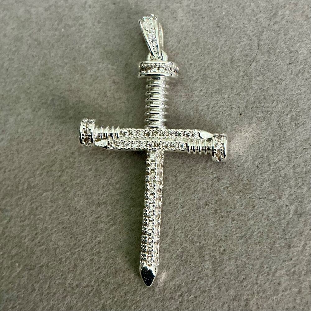 Beautiful Iced NAIL CROSS Pendant Solid ~ Silver ~New #202